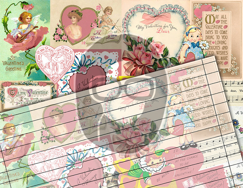 Retro Pink Valentine's Pattern, Junk Journal Pages, Printable Vintage Paper -18pg Digital Download- Scrapbook Supplies, Ephemera Background