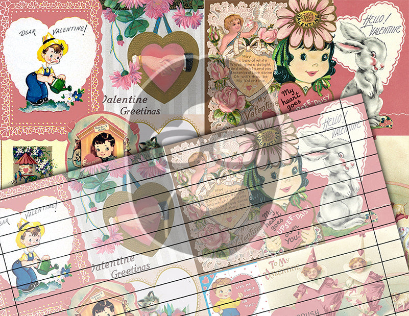 Retro Pink Valentine's Pattern, Junk Journal Pages, Printable Vintage Paper -18pg Digital Download- Scrapbook Supplies, Ephemera Background
