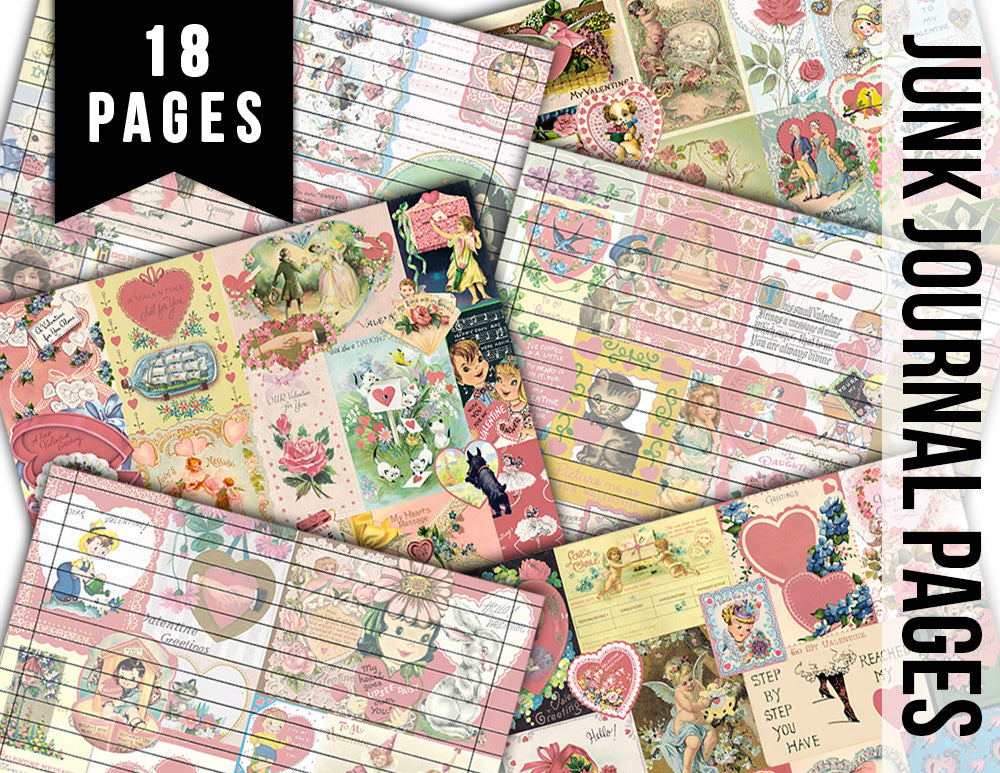 Retro Pink Valentine's Pattern, Junk Journal Pages, Printable Vintage Paper -18pg Digital Download- Scrapbook Supplies, Ephemera Background