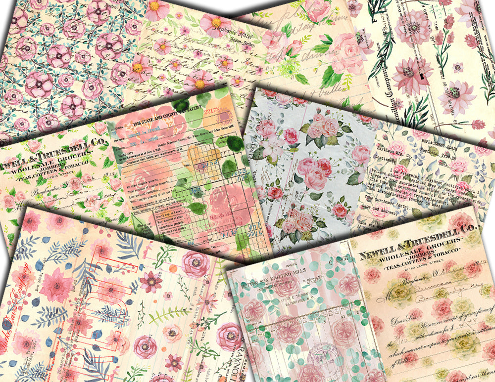 Junk Journal Pages, Scrapbook Paper, S82 -20pg Digital Download- Mixed Media, Ephemera Background, Collage Sheets Printable, Spring Flowers