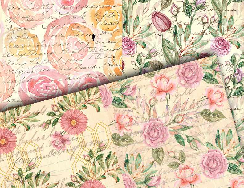 Junk Journal Pages, Scrapbook Paper, S82 -20pg Digital Download- Mixed Media, Ephemera Background, Collage Sheets Printable, Spring Flowers