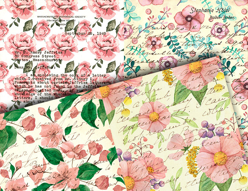 Junk Journal Pages, Scrapbook Paper, S82 -20pg Digital Download- Mixed Media, Ephemera Background, Collage Sheets Printable, Spring Flowers