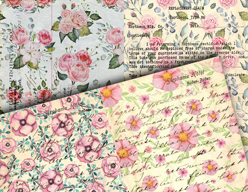 Junk Journal Pages, Scrapbook Paper, S82 -20pg Digital Download- Mixed Media, Ephemera Background, Collage Sheets Printable, Spring Flowers