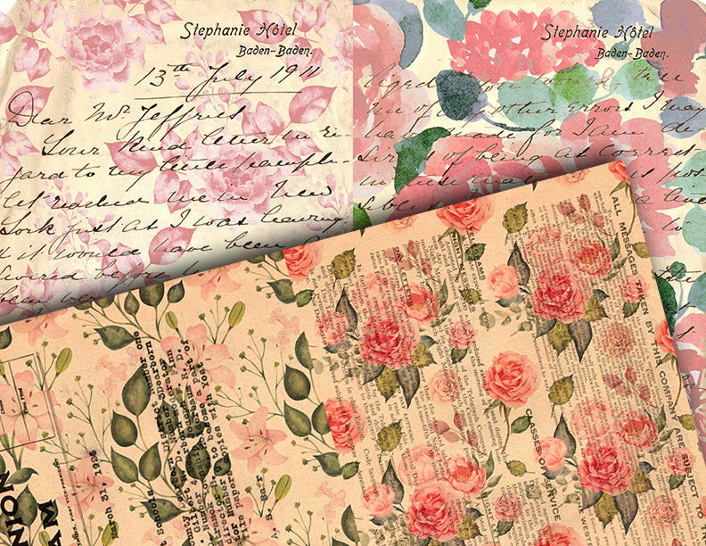 Junk Journal Pages, Scrapbook Paper, S82 -20pg Digital Download- Mixed Media, Ephemera Background, Collage Sheets Printable, Spring Flowers