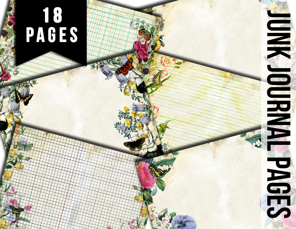 Butterfly Journal Printable, Junk Journal Pages -18pg Digital Download- Lined Paper, Spring Flowers, Journaling Paper, Scrapbook Supply