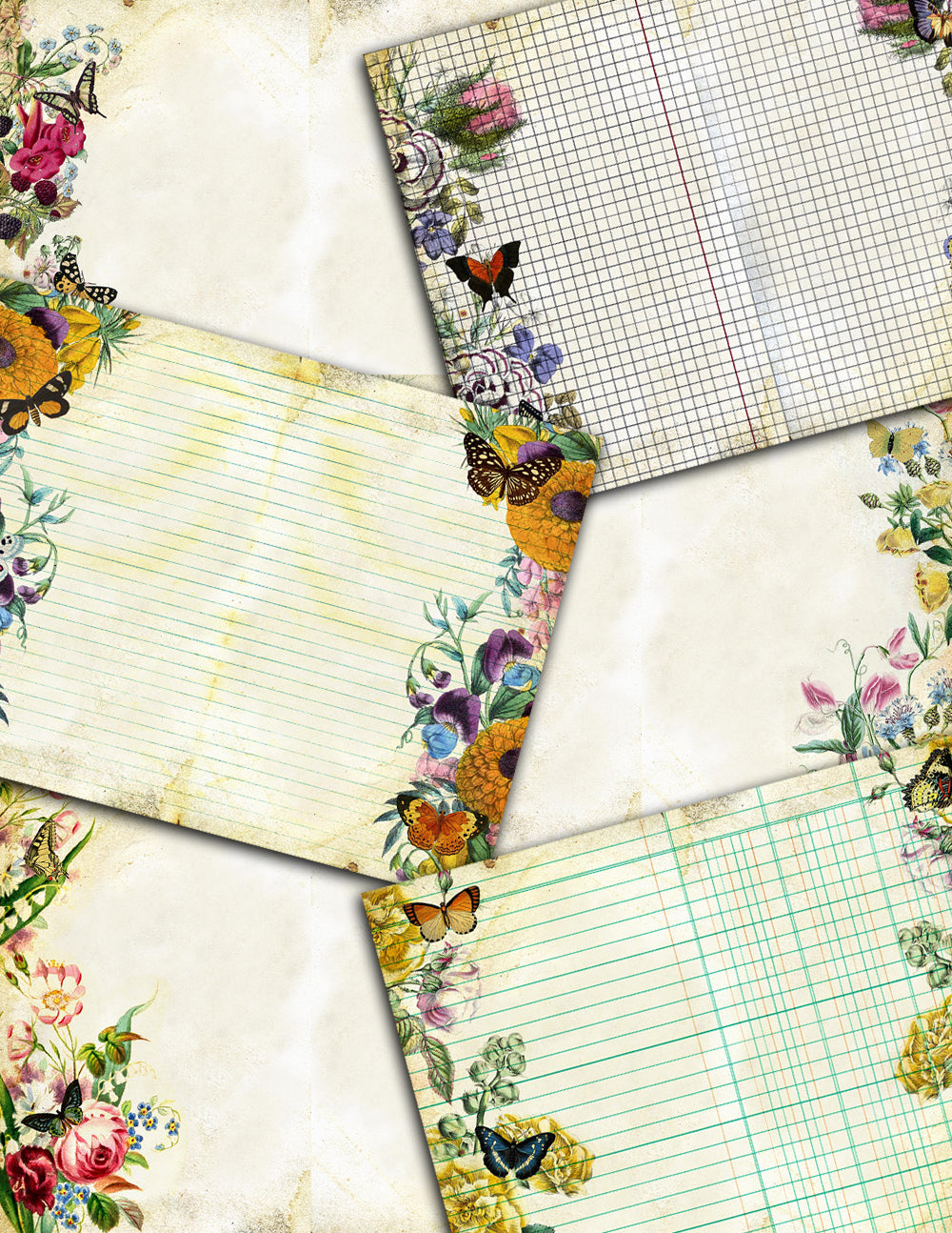 Butterfly Journal Printable, Junk Journal Pages -18pg Digital Download- Lined Paper, Spring Flowers, Journaling Paper, Scrapbook Supply