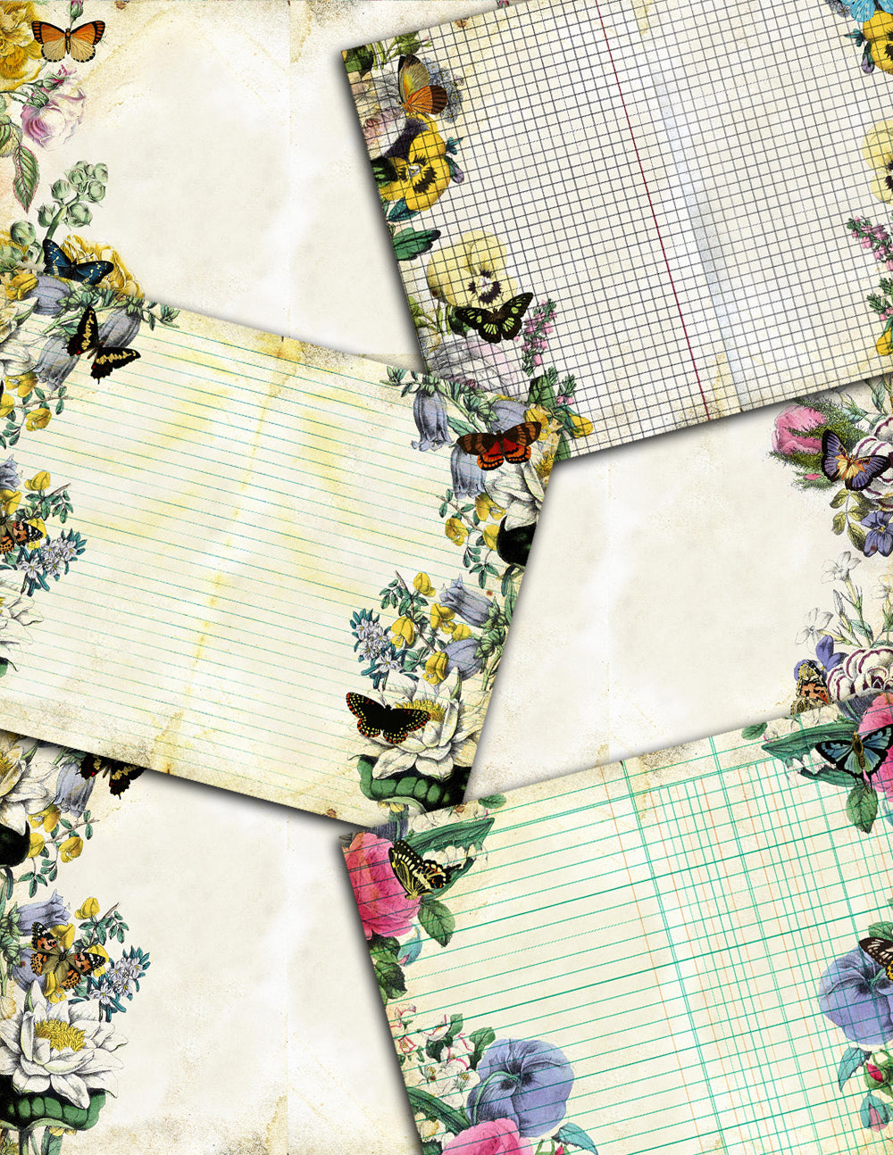 Butterfly Journal Printable, Junk Journal Pages -18pg Digital Download- Lined Paper, Spring Flowers, Journaling Paper, Scrapbook Supply
