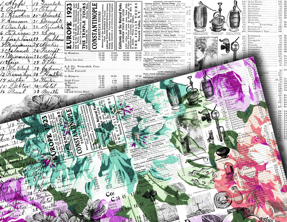 Junk Journal Printable Pages, Ephemera Background -20pg Digital Download- Ink Saver, Stamp Paper, Spring Floral Clipart, Rose Digital Papers