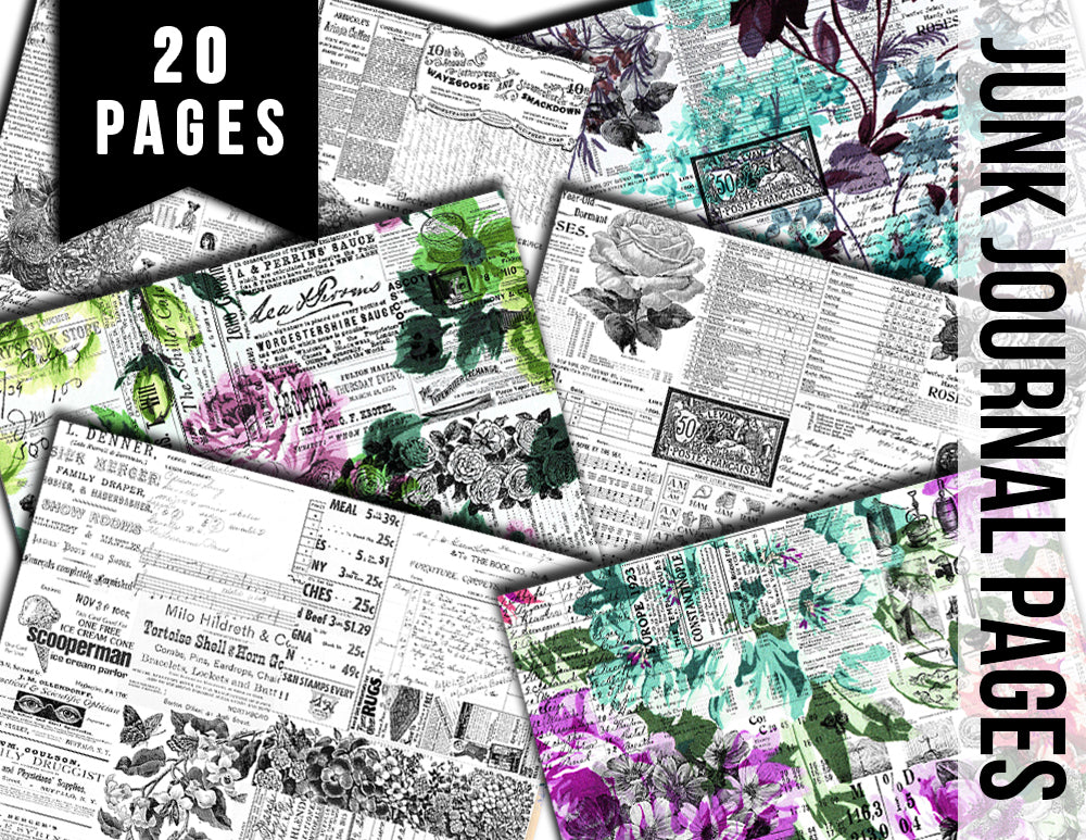 Junk Journal Printable Pages, Ephemera Background -20pg Digital Download- Ink Saver, Stamp Paper, Spring Floral Clipart, Rose Digital Papers