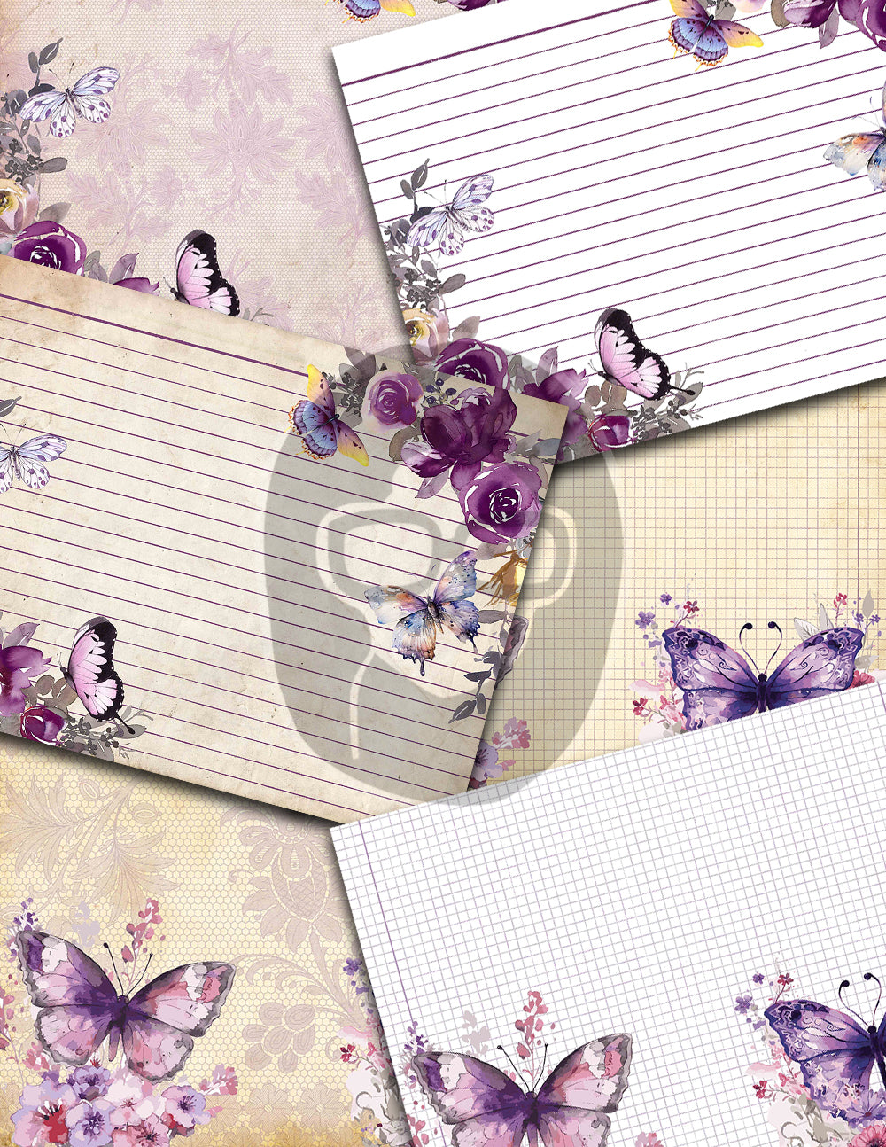 Junk Journal Pages, Butterfly Journal Printable -36pg Digital Download- Purple Digital Paper, Lined Journal Pages, Digital Scrapbook Paper