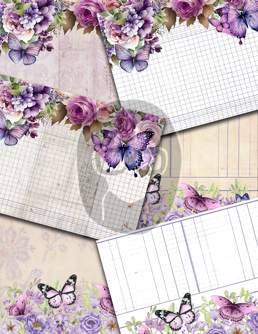 Junk Journal Pages, Butterfly Journal Printable -36pg Digital Download- Purple Digital Paper, Lined Journal Pages, Digital Scrapbook Paper