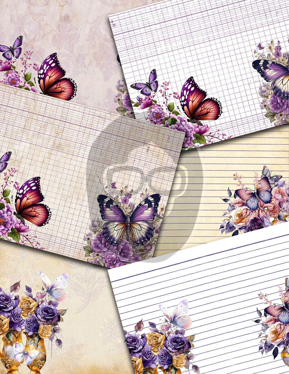 Junk Journal Pages, Butterfly Journal Printable -36pg Digital Download- Purple Digital Paper, Lined Journal Pages, Digital Scrapbook Paper