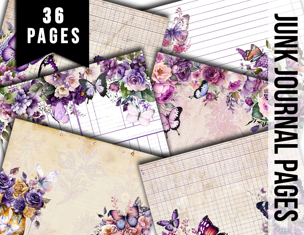 Junk Journal Pages, Butterfly Journal Printable -36pg Digital Download- Purple Digital Paper, Lined Journal Pages, Digital Scrapbook Paper