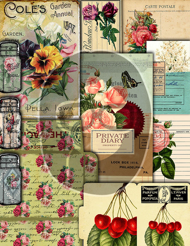 Junk Journal DIY Kit, Printable Journal Bundle #17 -47pg Digital Download- Vintage Roses Pages, Shabby Chic Tags, Postcards, Note cards