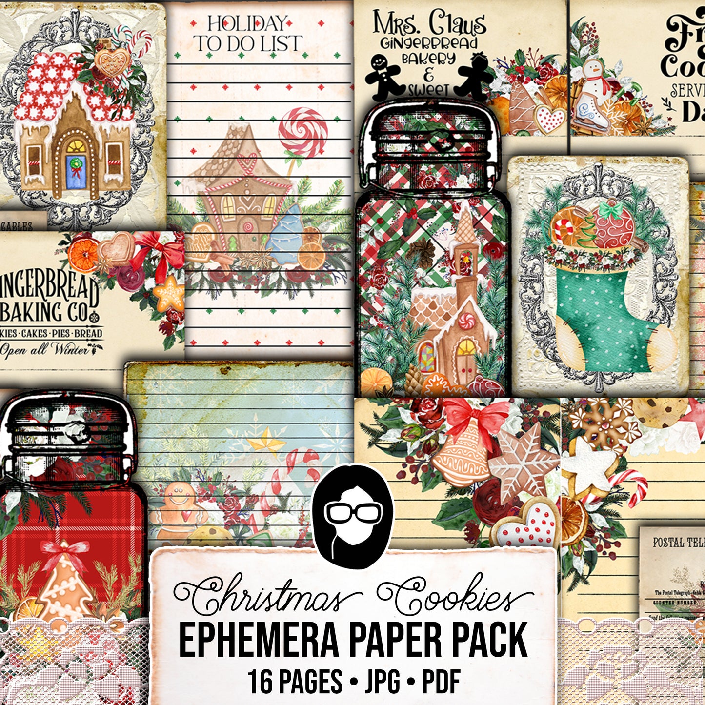 Christmas Gingerbread Cookies, Traditional Red, Ephemera Bundle #24 -16pg Digital Download- Junk Journal Kit, Cards, Jars, December Daily