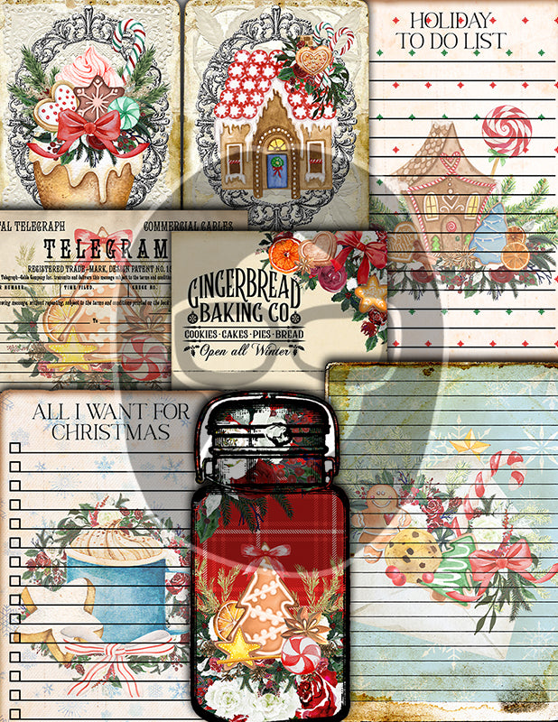 Christmas Gingerbread Cookies, Traditional Red, Ephemera Bundle #24 -16pg Digital Download- Junk Journal Kit, Cards, Jars, December Daily