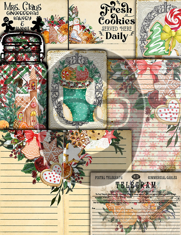 Christmas Gingerbread Cookies, Traditional Red, Ephemera Bundle #24 -16pg Digital Download- Junk Journal Kit, Cards, Jars, December Daily