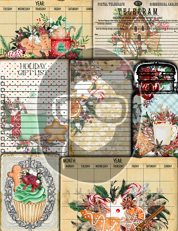 Christmas Gingerbread Cookies, Traditional Red, Ephemera Bundle #24 -16pg Digital Download- Junk Journal Kit, Cards, Jars, December Daily