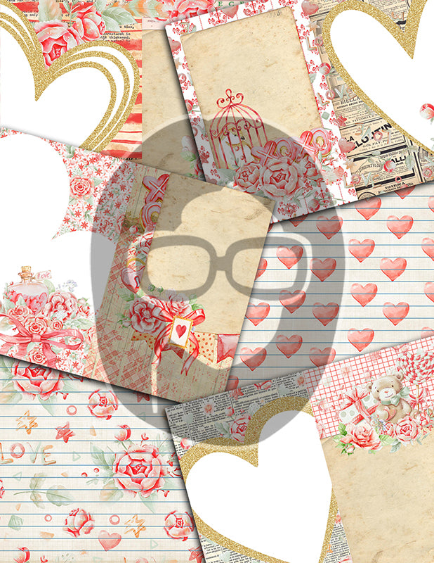 Valentine's Junk Journal Kit, Journaling Bundle #26 -36pg Digital Download- Ephemera, Pattern Paper, Quotes, Note Cards, To do List, Shabby chic