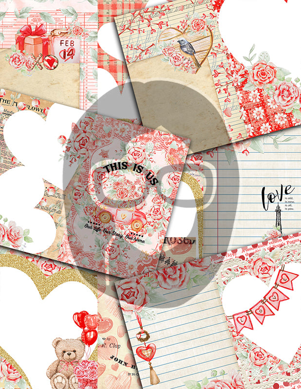 Valentine's Junk Journal Kit, Journaling Bundle #26 -36pg Digital Download- Ephemera, Pattern Paper, Quotes, Note Cards, To do List, Shabby chic