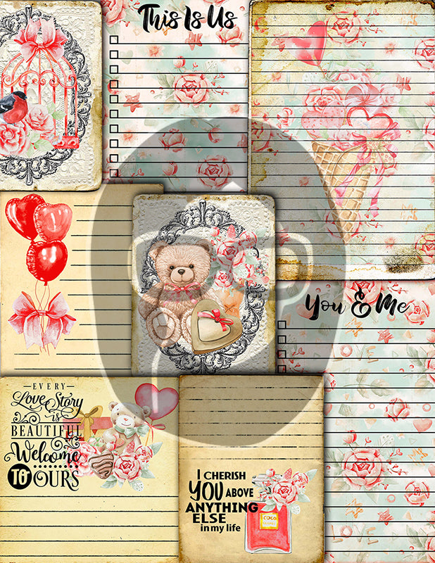Valentine's Junk Journal Kit, Journaling Bundle #26 -36pg Digital Download- Ephemera, Pattern Paper, Quotes, Note Cards, To do List, Shabby chic