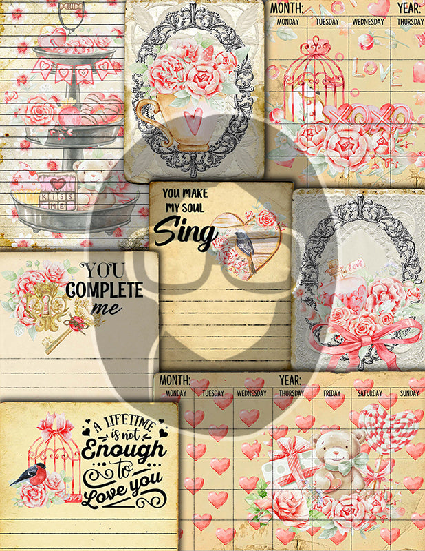 Valentine's Junk Journal Kit, Journaling Bundle #26 -36pg Digital Download- Ephemera, Pattern Paper, Quotes, Note Cards, To do List, Shabby chic