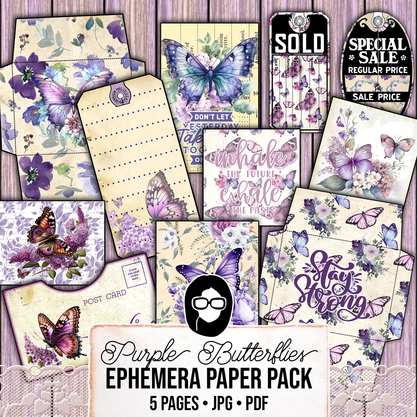 Purple Digital Butterflies, Purple Junk Journal Kit -5pg Digital Download- Affirmations Kit, Positive Quotes, Journaling Ephemera, For Women
