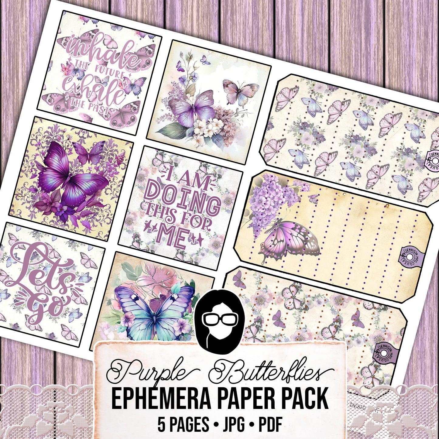 Purple Digital Butterflies, Purple Junk Journal Kit -5pg Digital Download- Affirmations Kit, Positive Quotes, Journaling Ephemera, For Women