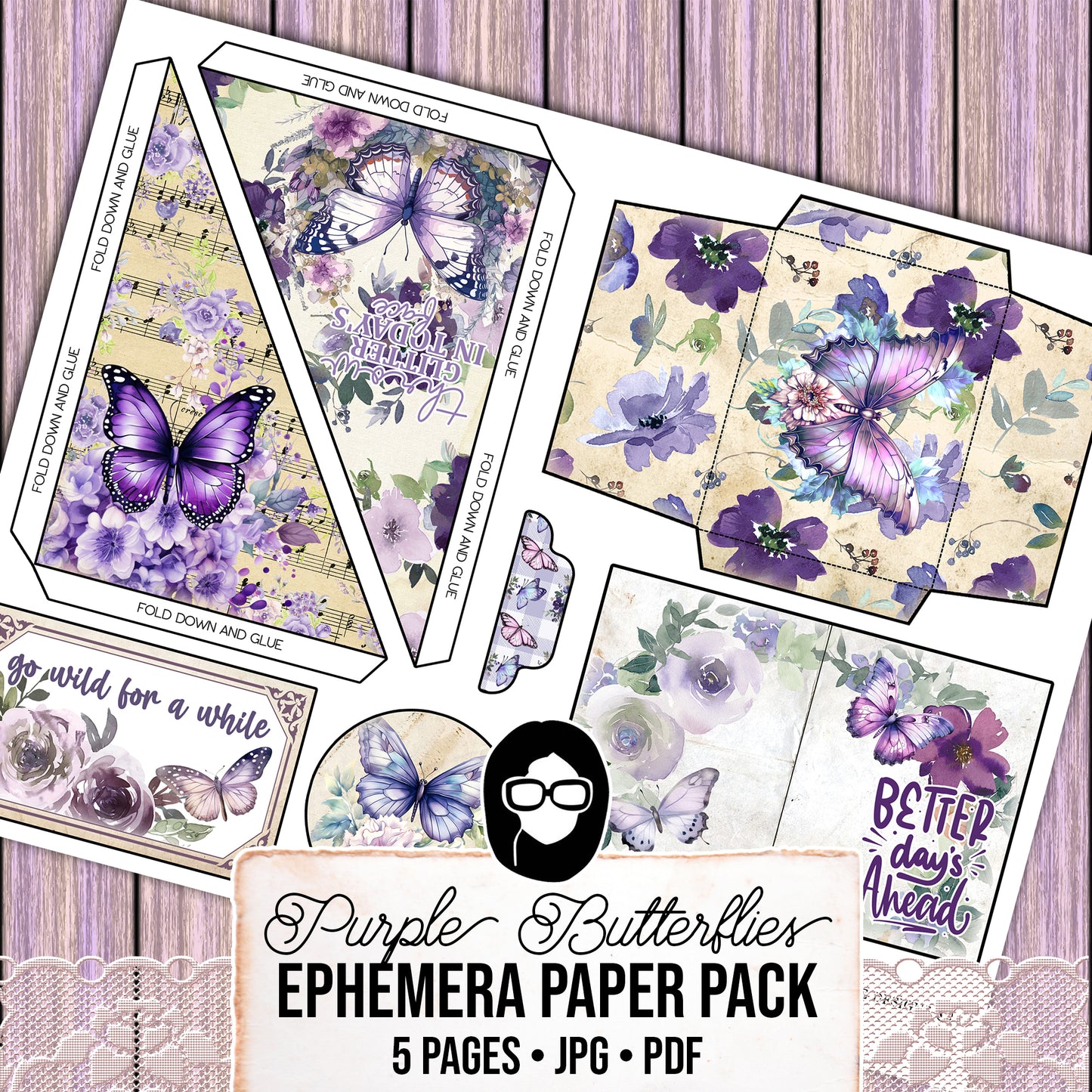 Purple Digital Butterflies, Purple Junk Journal Kit -5pg Digital Download- Affirmations Kit, Positive Quotes, Journaling Ephemera, For Women