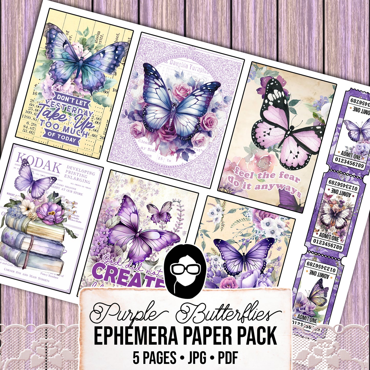 Purple Digital Butterflies, Purple Junk Journal Kit -5pg Digital Download- Affirmations Kit, Positive Quotes, Journaling Ephemera, For Women