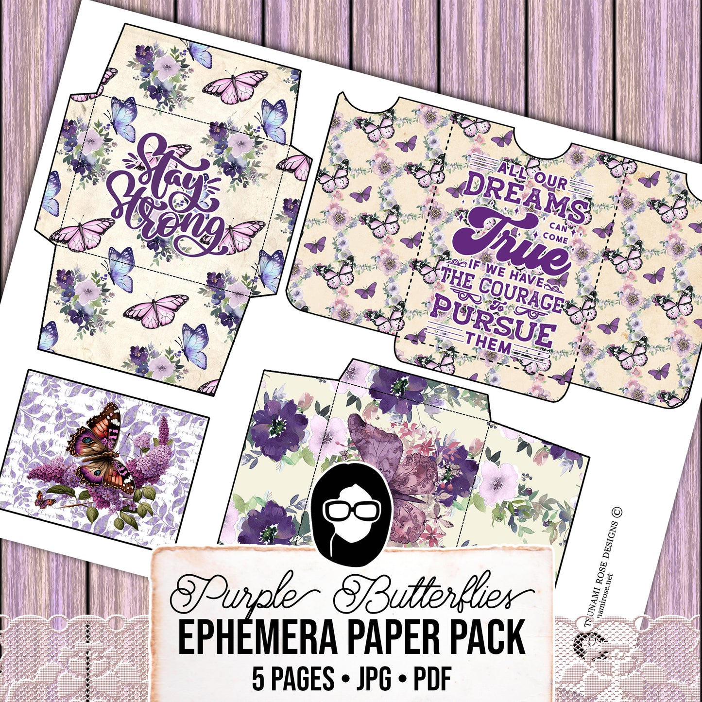 Purple Digital Butterflies, Purple Junk Journal Kit -5pg Digital Download- Affirmations Kit, Positive Quotes, Journaling Ephemera, For Women
