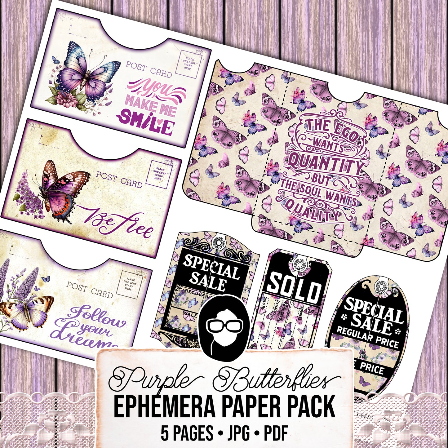 Purple Digital Butterflies, Purple Junk Journal Kit -5pg Digital Download- Affirmations Kit, Positive Quotes, Journaling Ephemera, For Women