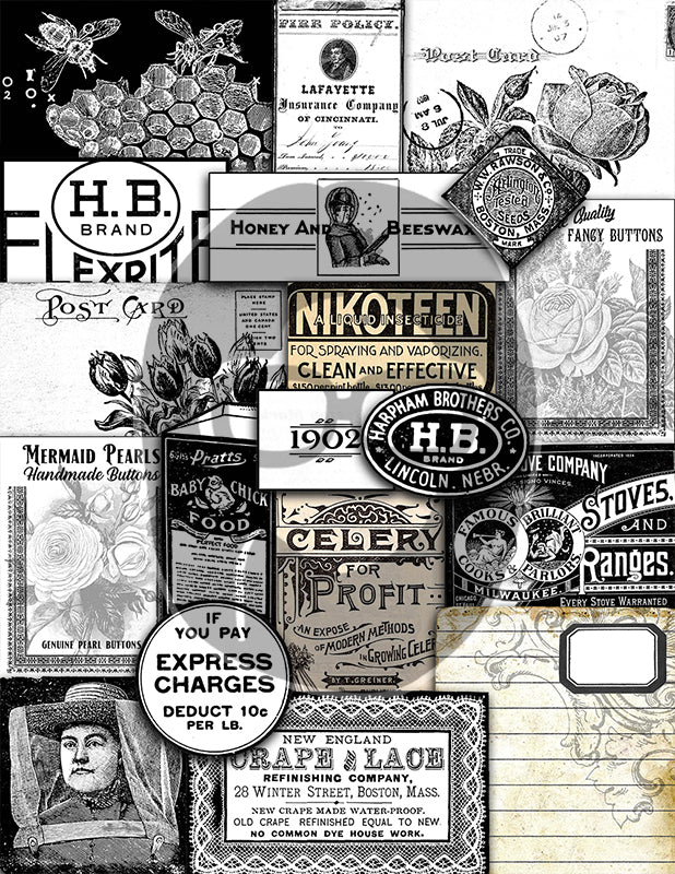 Ink Saver, Junk Journal Starter Kit, Bundle #9 -47pg Digital Download- Printable Vintage Paper, Ephemera, Jars, Cards, Tickets, Pages, Set