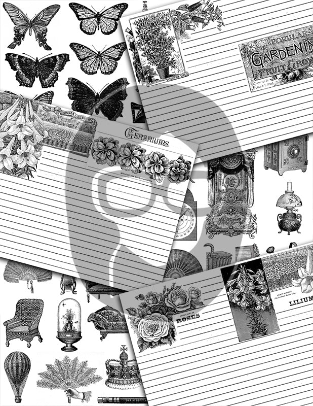Ink Saver, Junk Journal Starter Kit, Bundle #9 -47pg Digital Download- Printable Vintage Paper, Ephemera, Jars, Cards, Tickets, Pages, Set