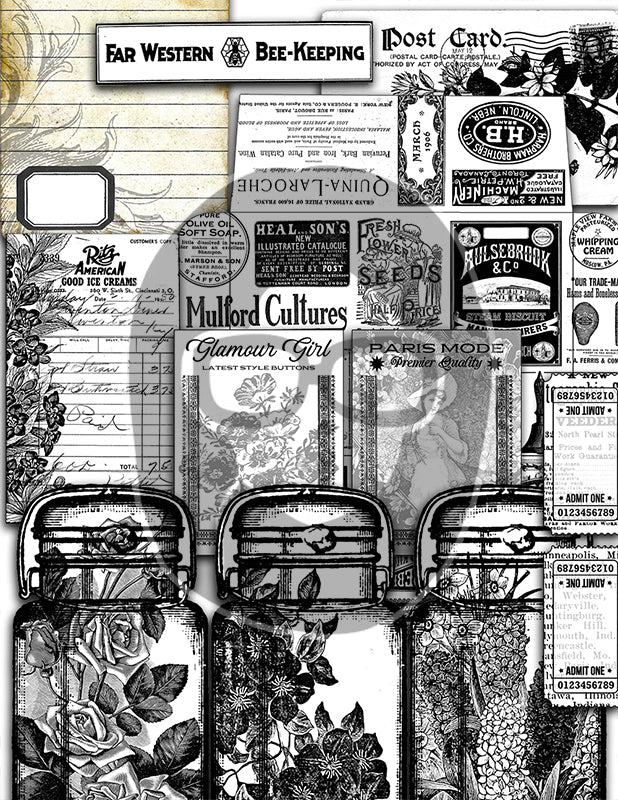 Ink Saver, Junk Journal Starter Kit, Bundle #9 -47pg Digital Download- Printable Vintage Paper, Ephemera, Jars, Cards, Tickets, Pages, Set