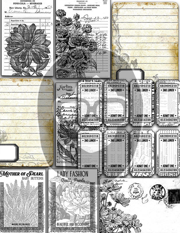 Ink Saver, Junk Journal Starter Kit, Bundle #9 -47pg Digital Download- Printable Vintage Paper, Ephemera, Jars, Cards, Tickets, Pages, Set