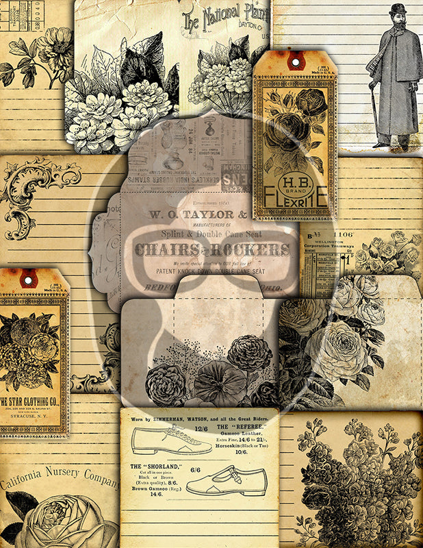 Junk Journal Starter Kit, Neutral Journal Ephemera, Bundle #4 -37pg Digital Download- Cards, Pockets, Tags, Envelopes, Printable Vintage Art