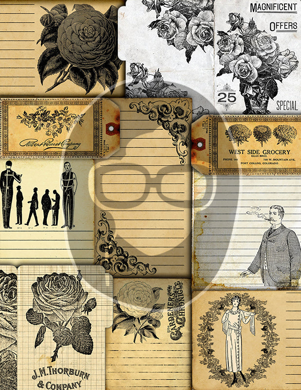 Junk Journal Starter Kit, Neutral Journal Ephemera, Bundle #4 -37pg Digital Download- Cards, Pockets, Tags, Envelopes, Printable Vintage Art