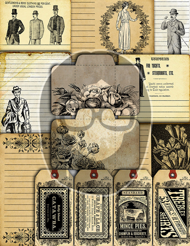 Junk Journal Starter Kit, Neutral Journal Ephemera, Bundle #4 -37pg Digital Download- Cards, Pockets, Tags, Envelopes, Printable Vintage Art