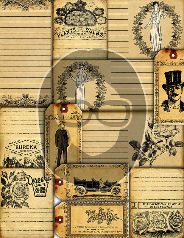 Junk Journal Starter Kit, Neutral Journal Ephemera, Bundle #4 -37pg Digital Download- Cards, Pockets, Tags, Envelopes, Printable Vintage Art