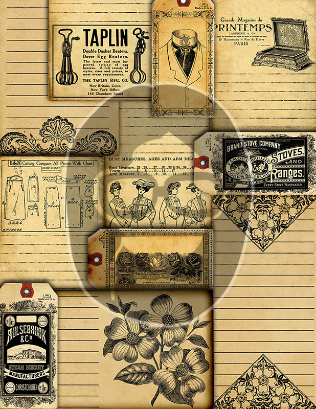 Junk Journal Kit Printable, Neutral Journal Ephemera, Bundle #6 -36pg Digital Download- Pages, Pockets, Tags, Starter Kit, Vintage Paper