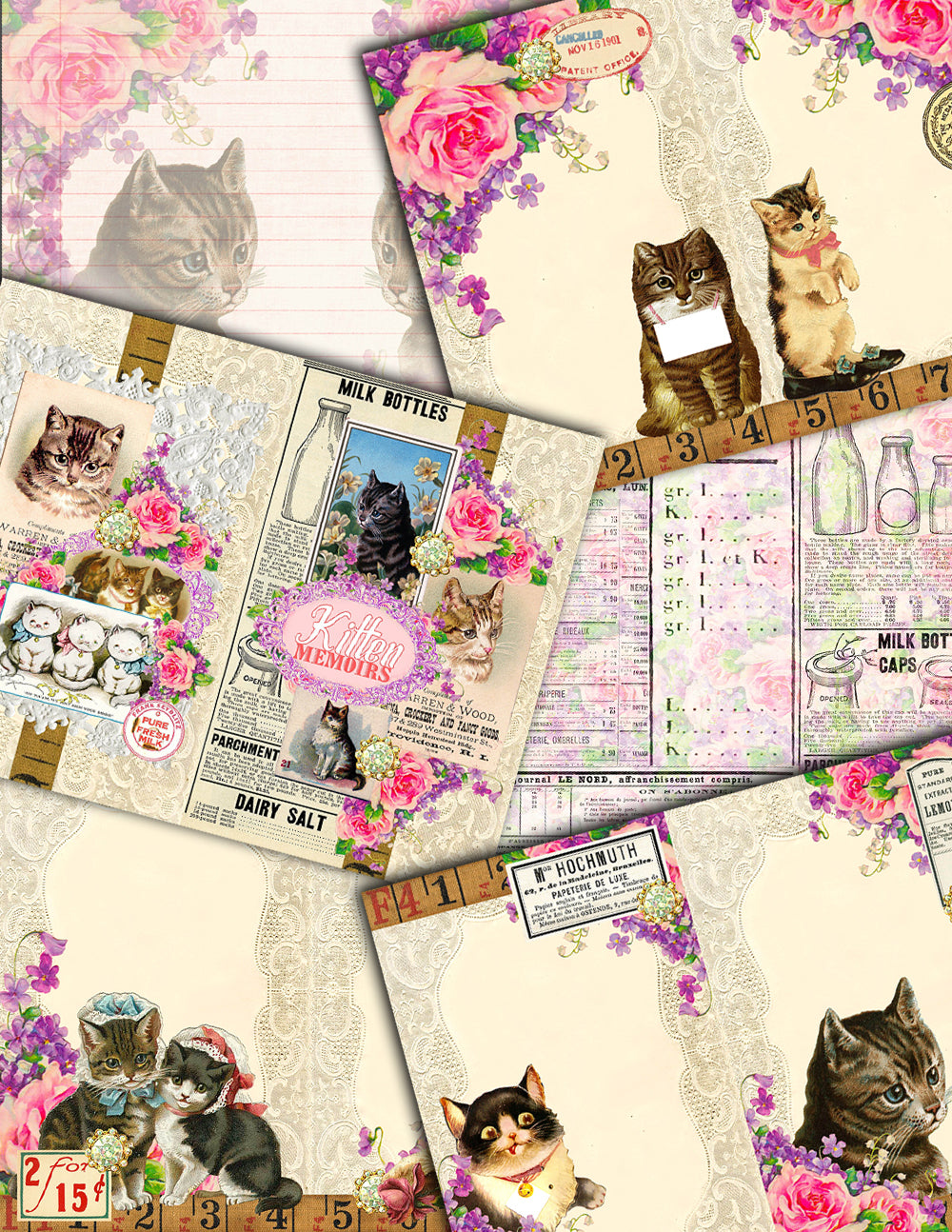 Cat Junk Journal Kit -Travelers Notebook - Kitten Memoirs - 15 Printable Midori Insert Pages - travellers notebook, fauxdori insert, feline