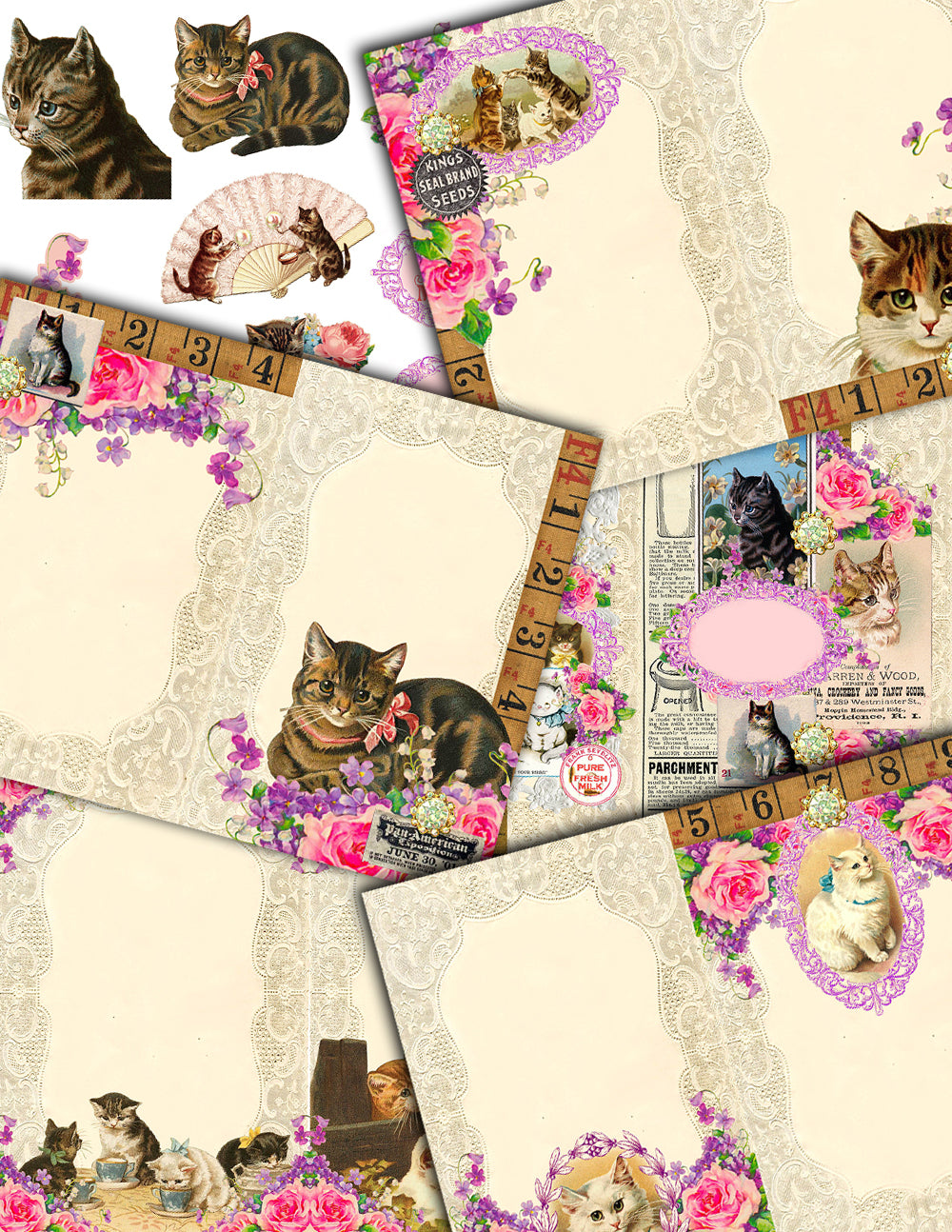 Cat Junk Journal Kit -Travelers Notebook - Kitten Memoirs - 15 Printable Midori Insert Pages - travellers notebook, fauxdori insert, feline