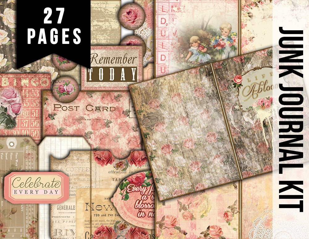 Rose Journaling Kit – Life Abloom Journal Kit -27pgs Instant Download - vintage junk journal, floral paper, for junk journaling, pink roses