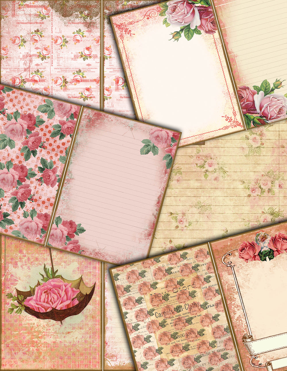 Fauxdori Inserts - Life Abloom Junk Journal Kit -27pg Digital Download - traveler notebook, midori journal pages, pink roses, shabby chic