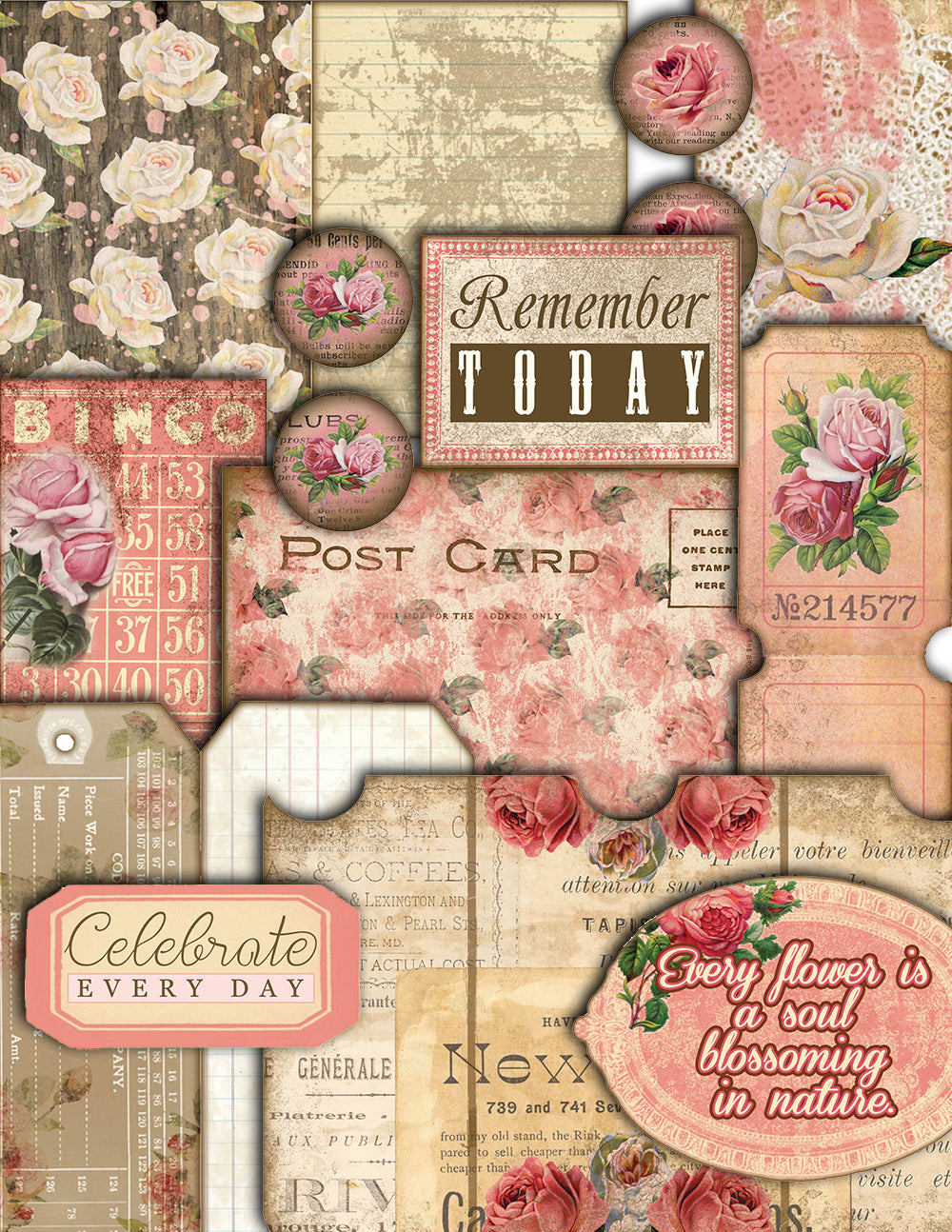 Fauxdori Inserts - Life Abloom Junk Journal Kit -27pg Digital Download - traveler notebook, midori journal pages, pink roses, shabby chic