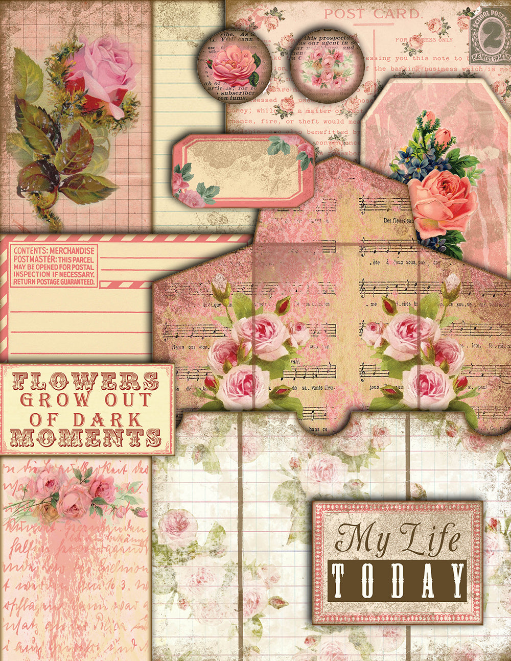 Fauxdori Inserts - Life Abloom Junk Journal Kit -27pg Digital Download - traveler notebook, midori journal pages, pink roses, shabby chic