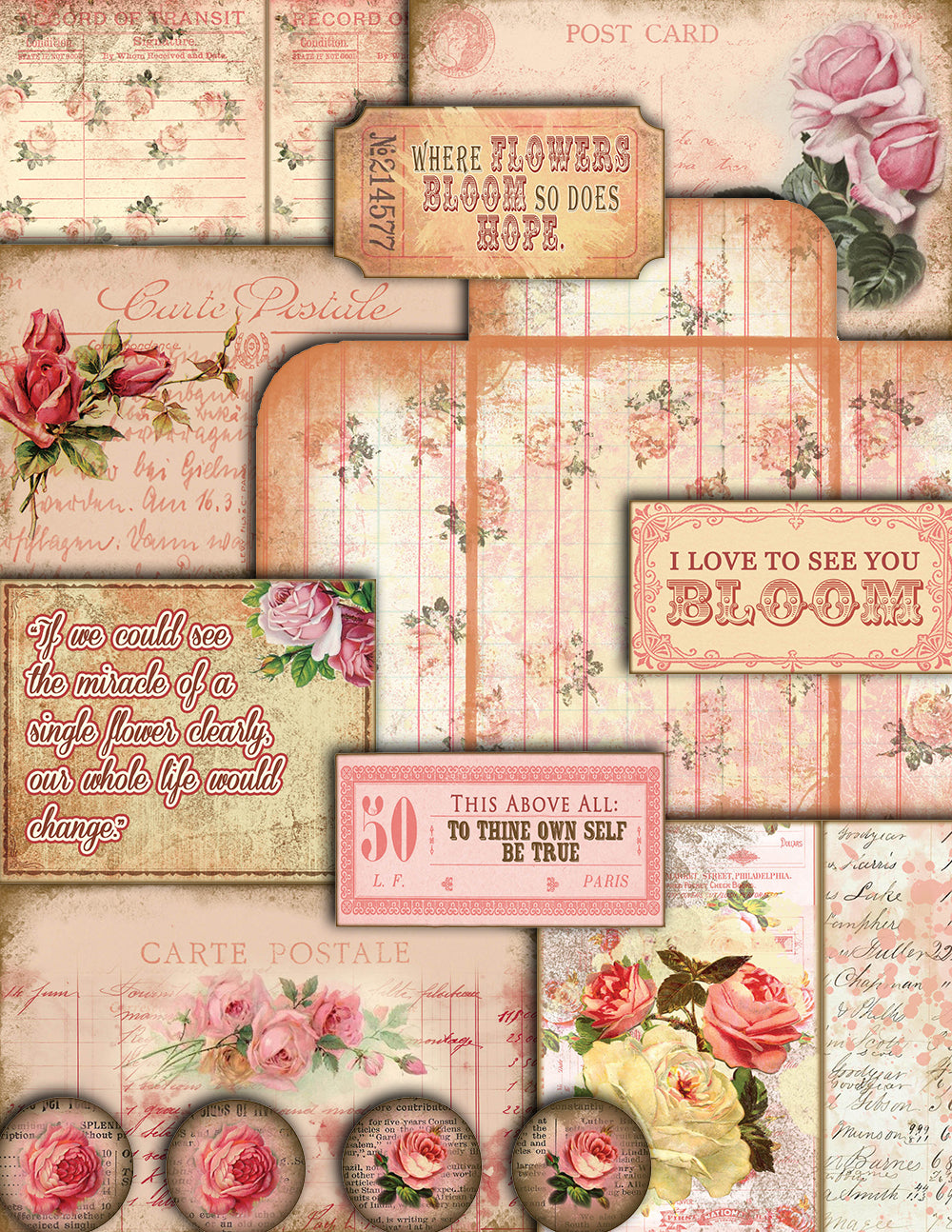 Fauxdori Inserts - Life Abloom Junk Journal Kit -27pg Digital Download - traveler notebook, midori journal pages, pink roses, shabby chic