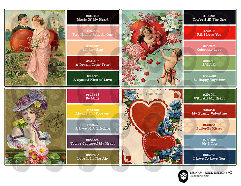 Valentine's Day Ephemera, Paint Sample Cards -6pg Digital Download- Junk Journal Printables, Retro and Vintage, Scrapbook Titles, Notecards