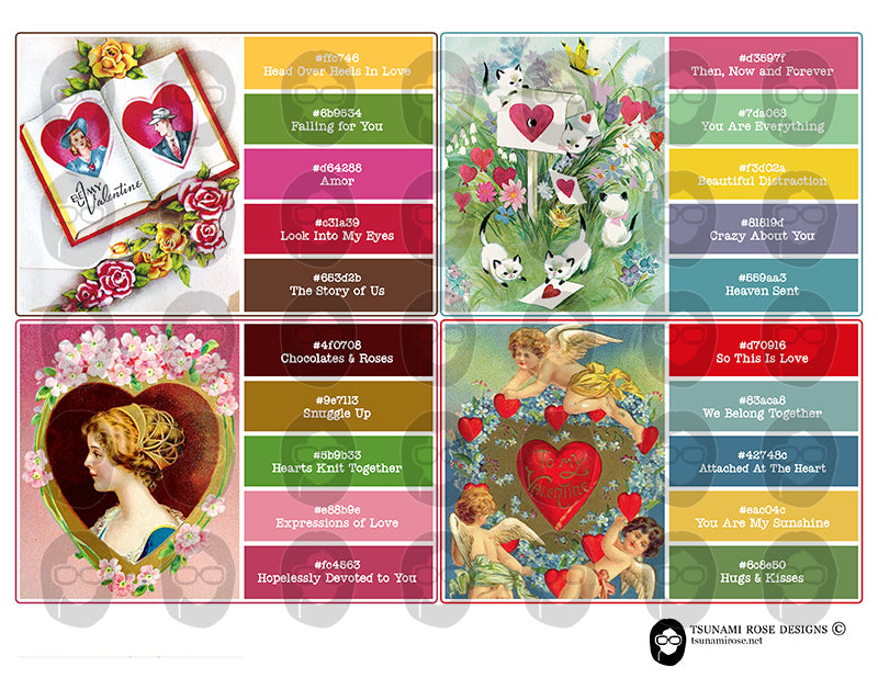 Valentine's Day Ephemera, Paint Sample Cards -6pg Digital Download- Junk Journal Printables, Retro and Vintage, Scrapbook Titles, Notecards
